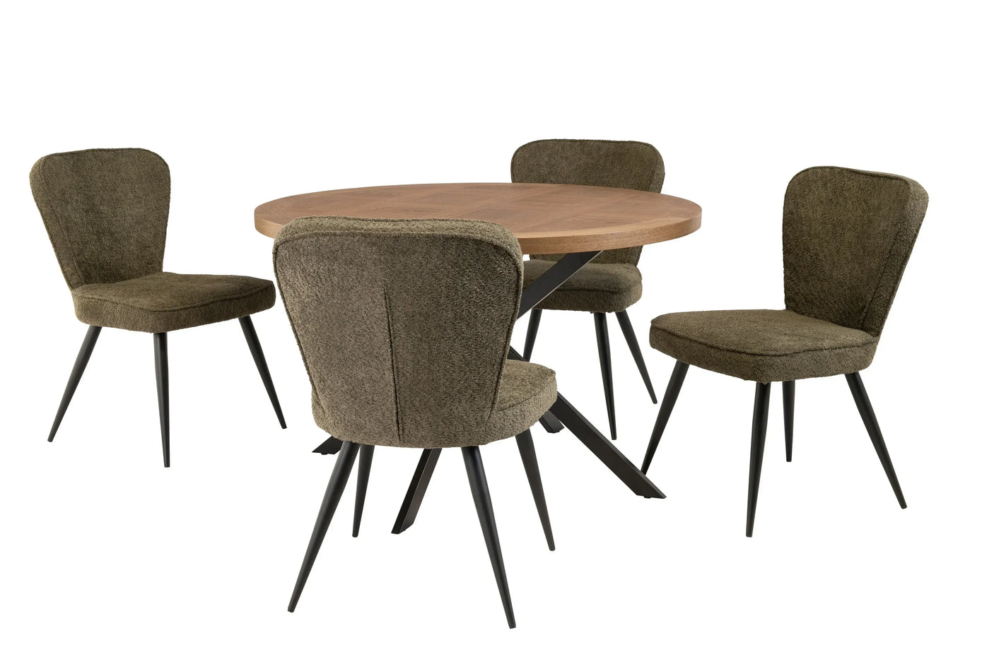 Round wooden dining table with four olive green upholstered chairs and black metal legs