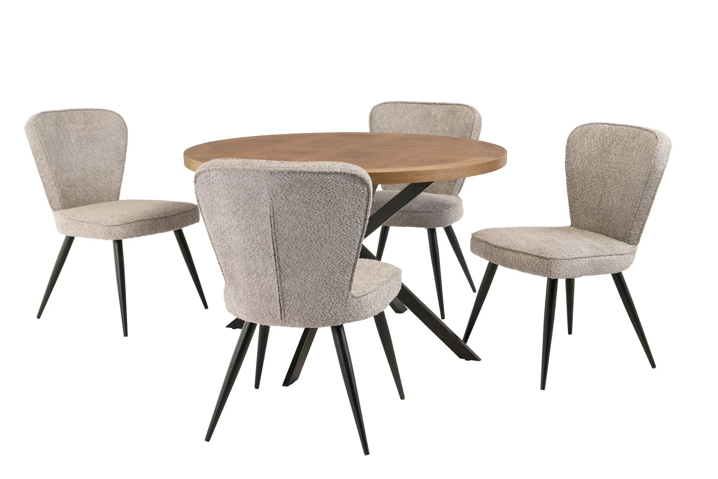 Round wooden dining table with four beige fabric chairs and black metal legs