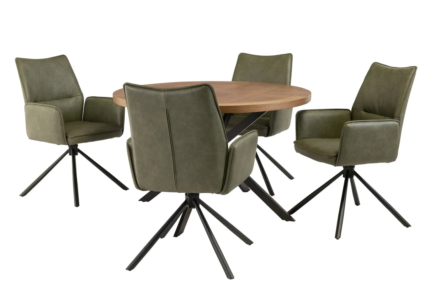 Round oak dining table with four green swivel chairs and black metal legs