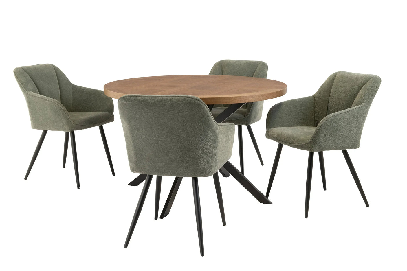 Round wooden dining table with four green velvet chairs and black metal legs