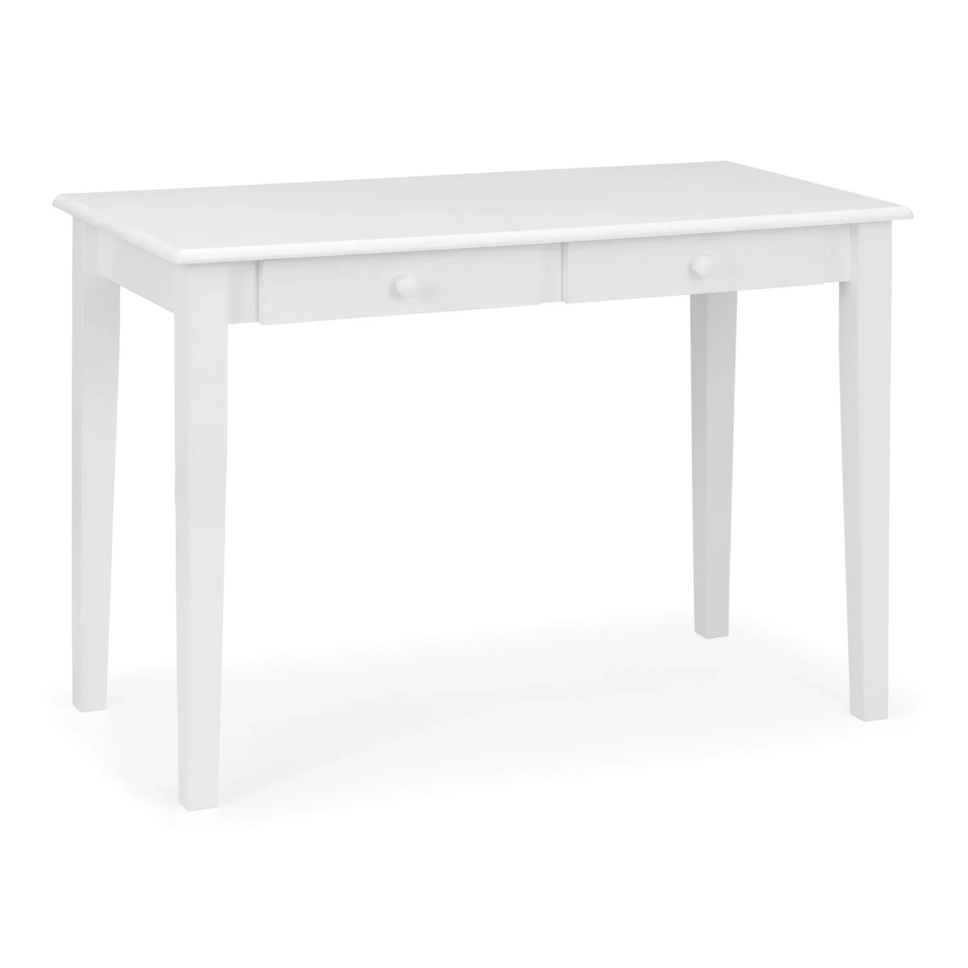 White wooden desk with two drawers and minimalist design on plain background
