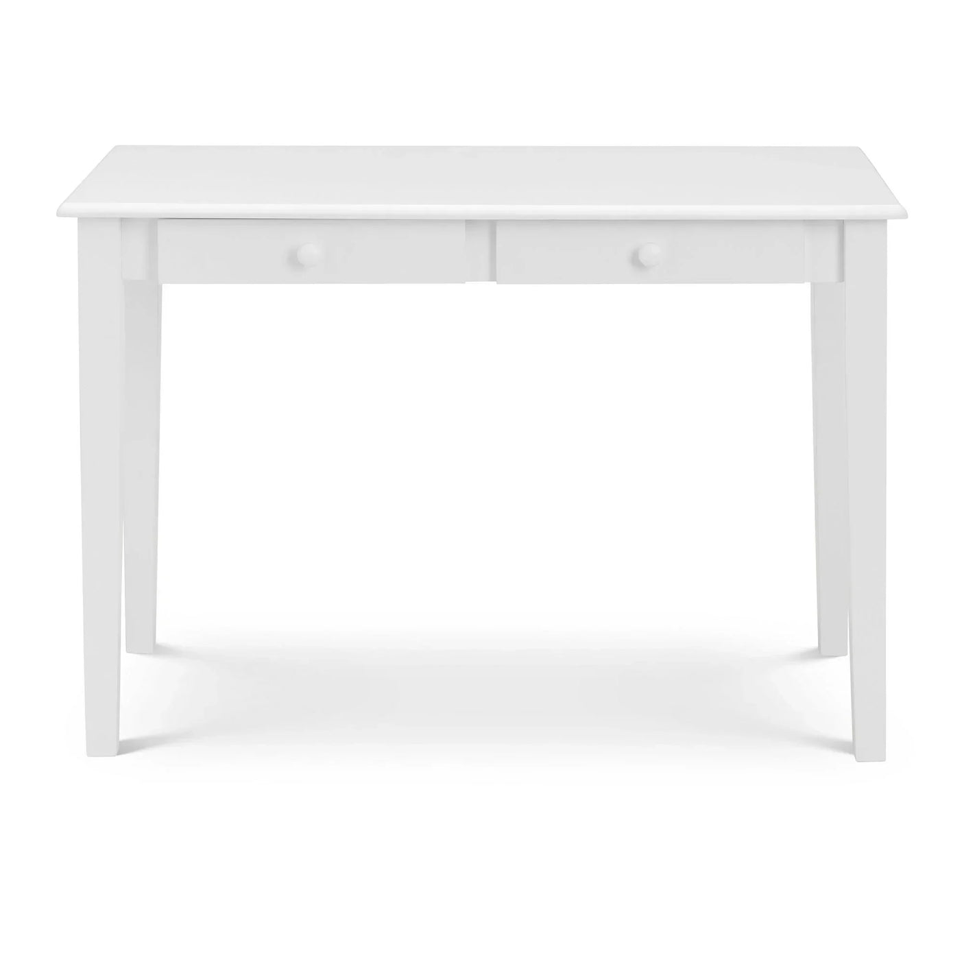 White desk with two drawers and straight legs on plain background