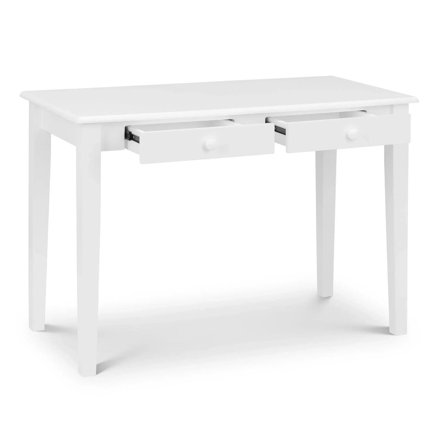 White desk with two drawers open, rectangular top and four straight legs