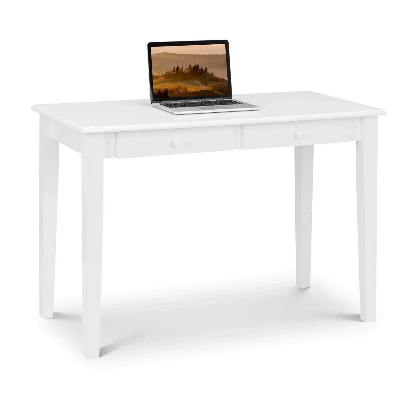White desk with two drawers and a laptop on top, front angle view