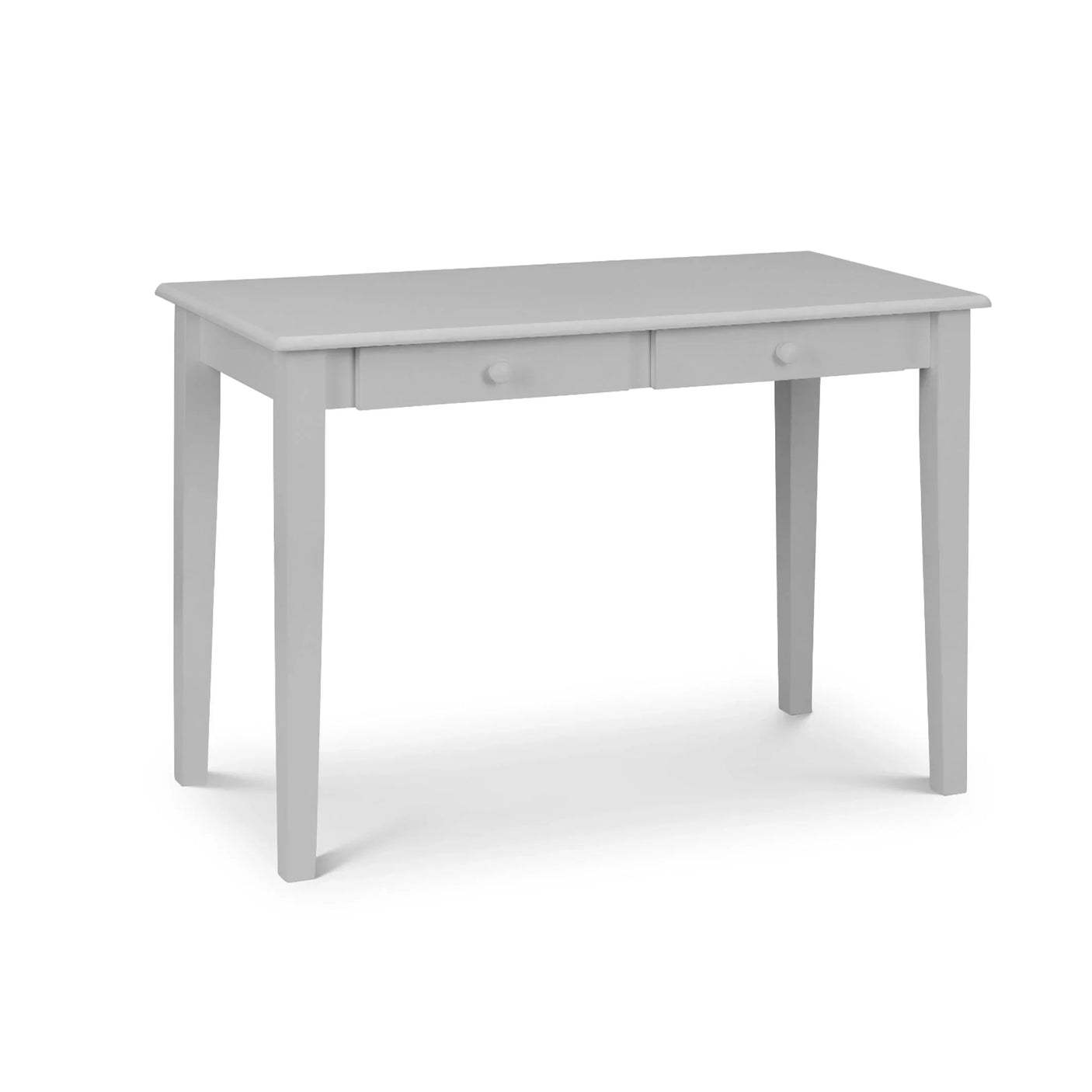 White wooden desk with two drawers and tapered legs on white background