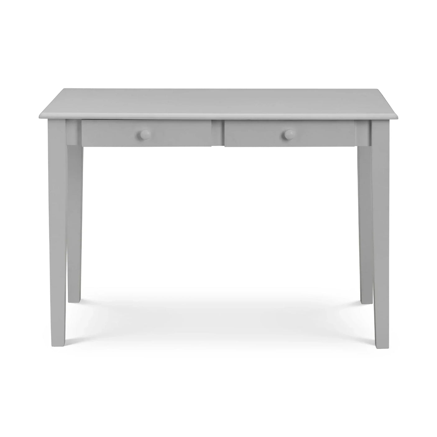 Grey wooden desk with two drawers and simple round handles, front view