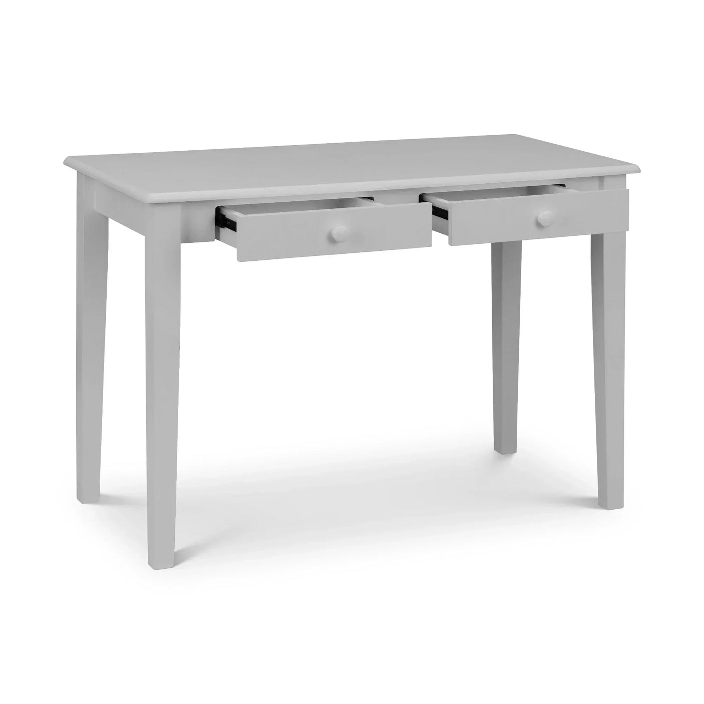 Grey wooden desk with two open drawers and tapered legs on white background