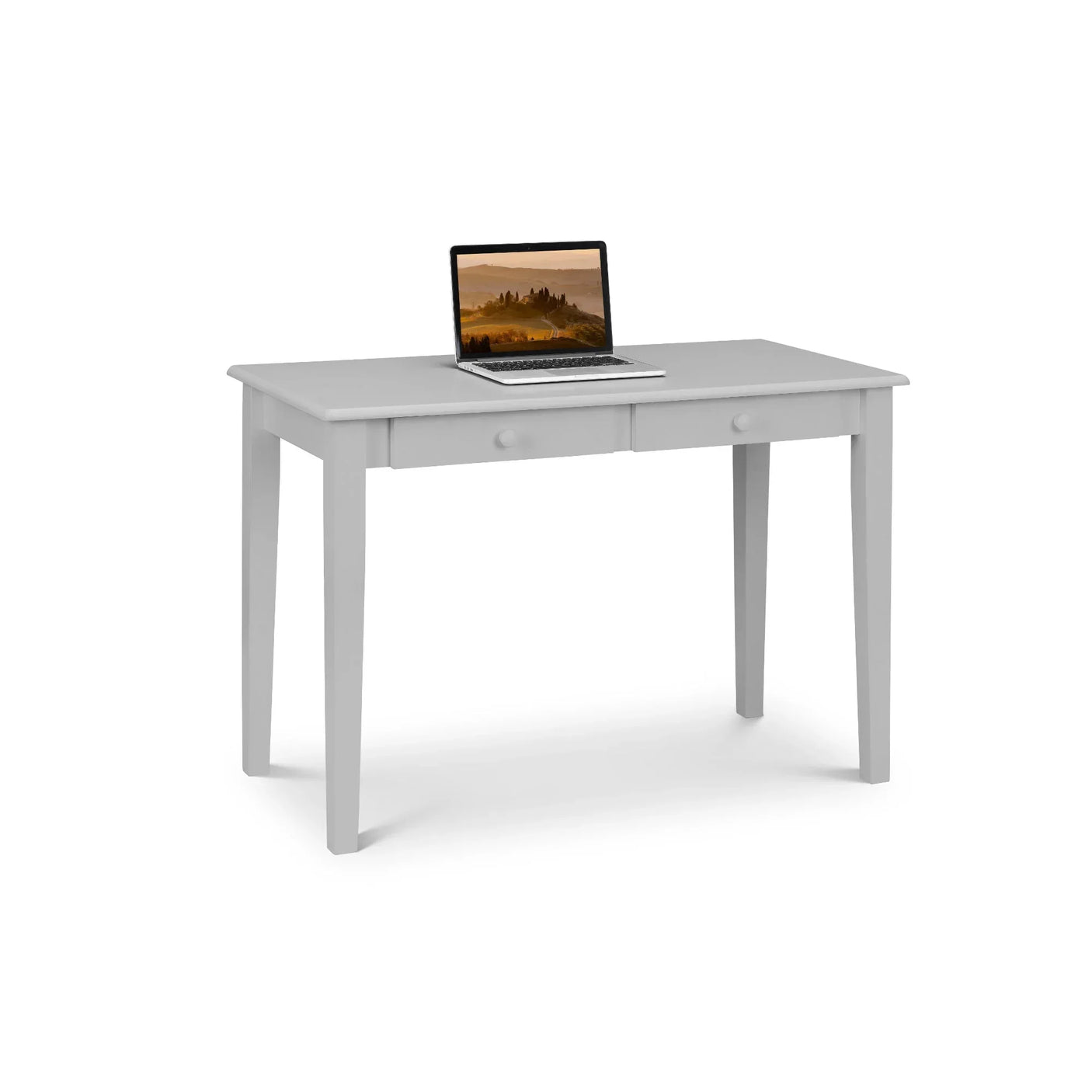 White wooden desk with two drawers and a laptop on top