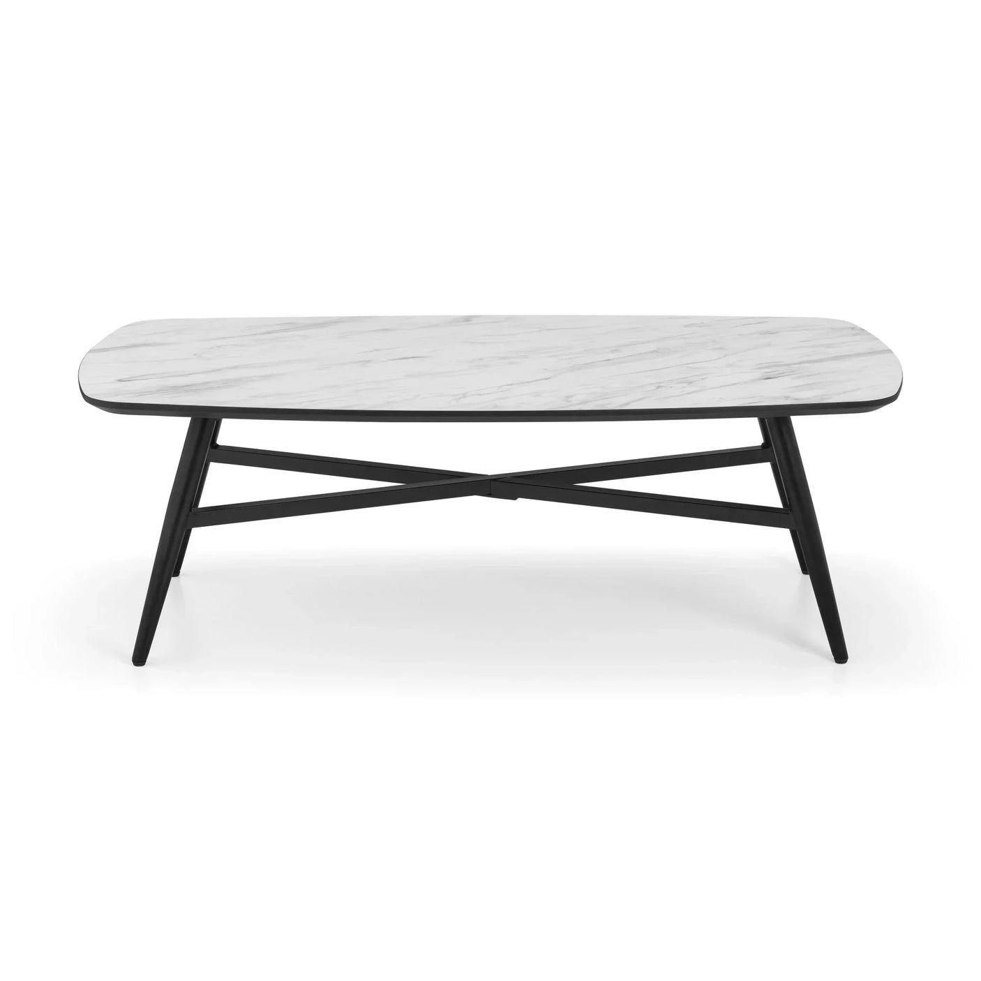 Modern marble coffee table with rectangular top and black angled legs