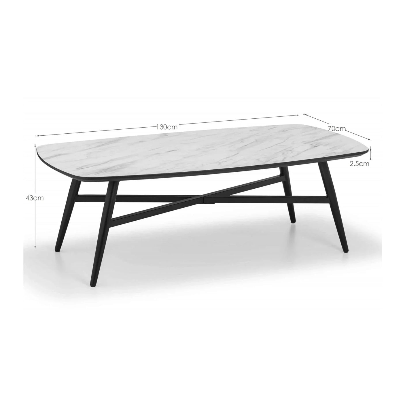Modern coffee table with white marble effect top, black angled legs, and visible measurements
