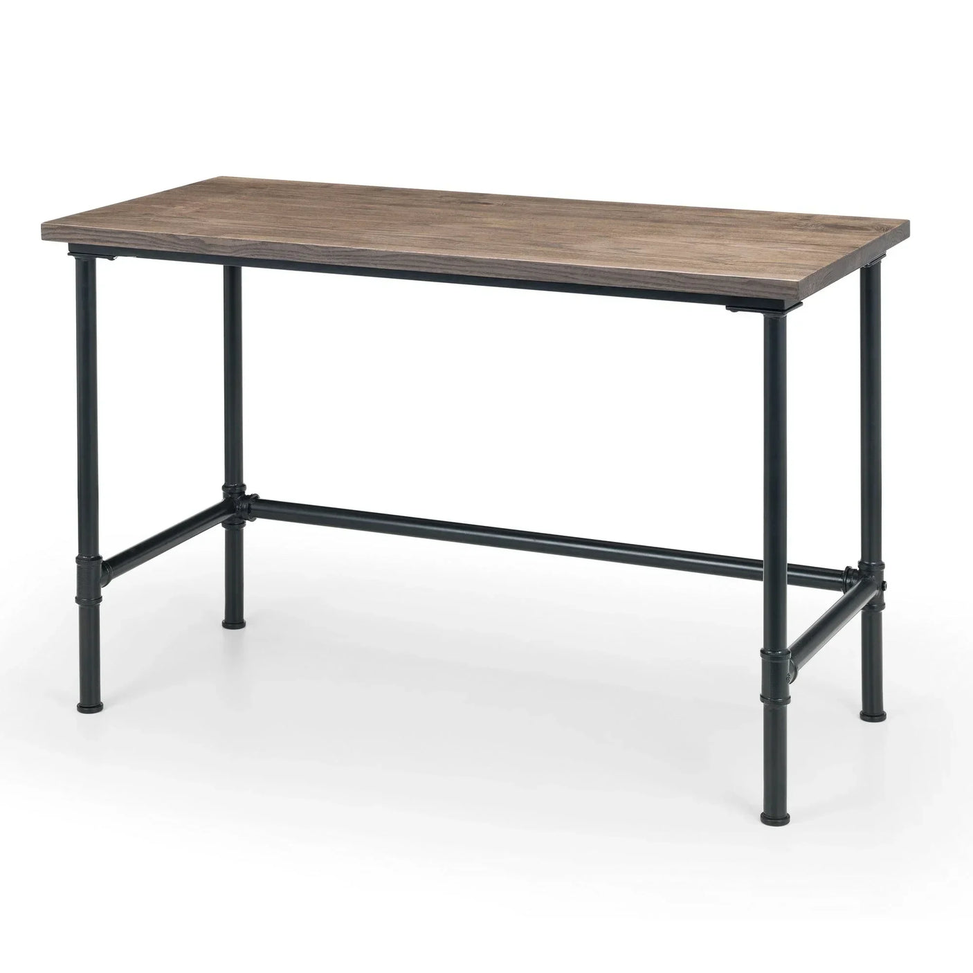 Industrial pipe desk with black metal frame and wooden tabletop on white background