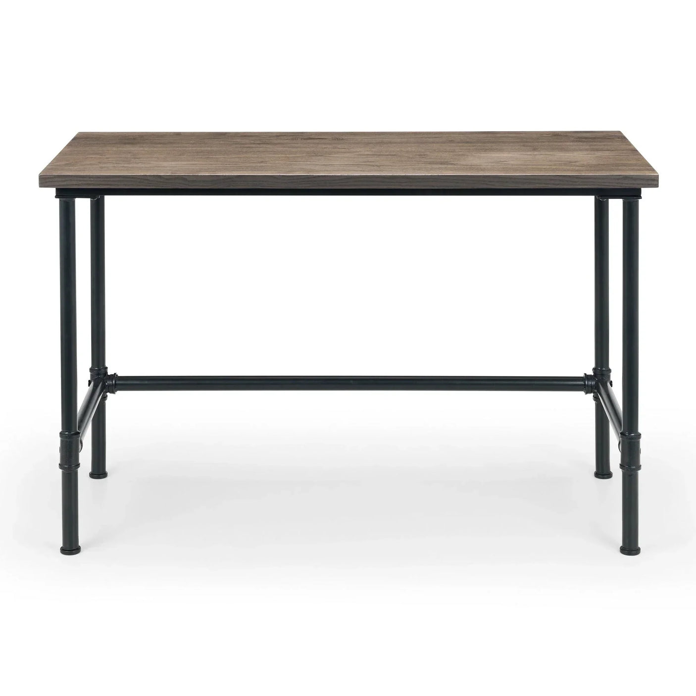 Industrial pipe desk with wooden top and black metal frame, front view