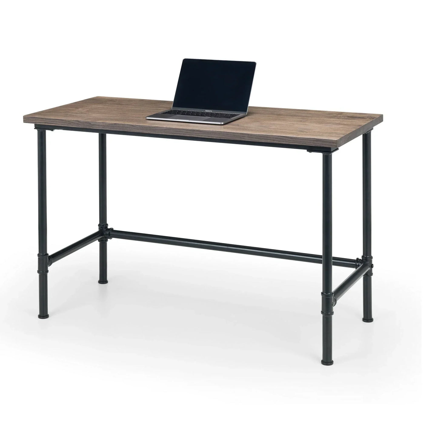 Industrial pipe desk with wood top and black metal legs, laptop placed on surface