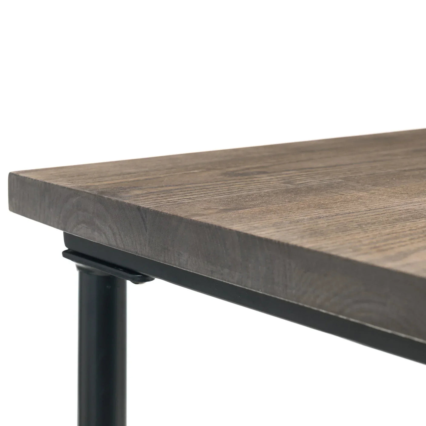 Closeup of wood pipe desk tabletop with black metal frame detailing