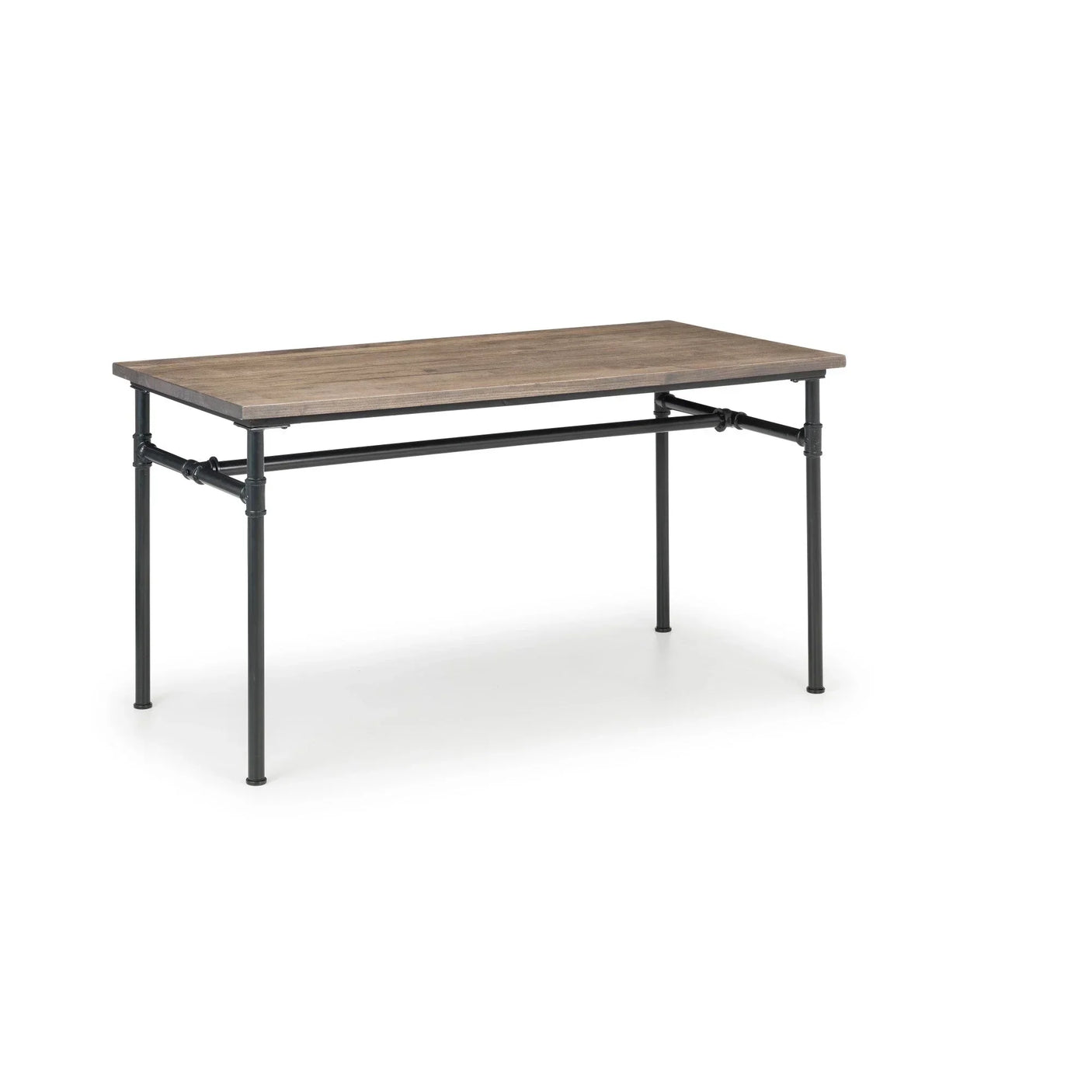 Industrial dining table with wood top and black metal frame on white background