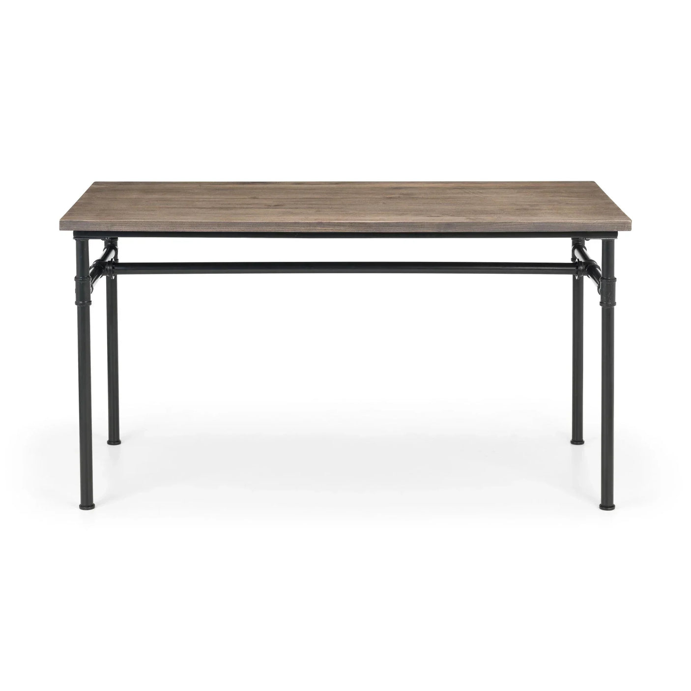 Rectangular dining table with wood effect top and black metal legs on white background