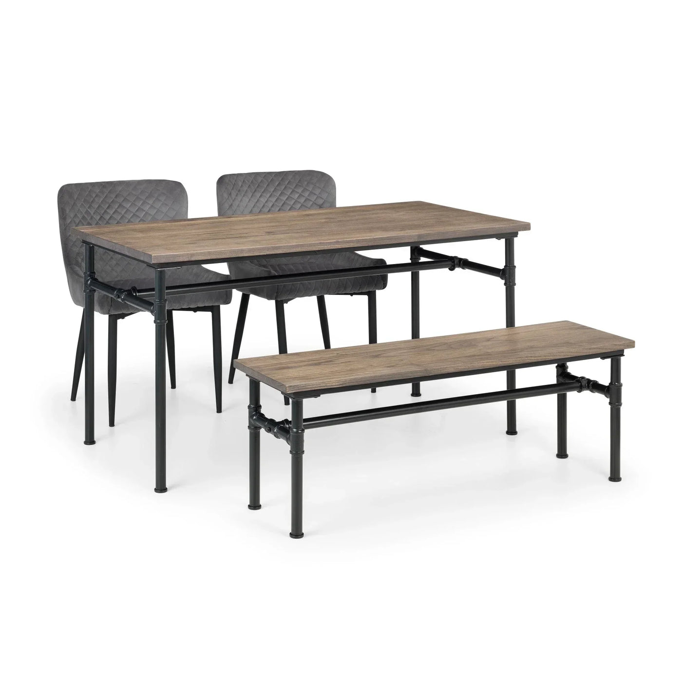 Industrial dining table set with wood top, two grey chairs, and bench on black metal frame