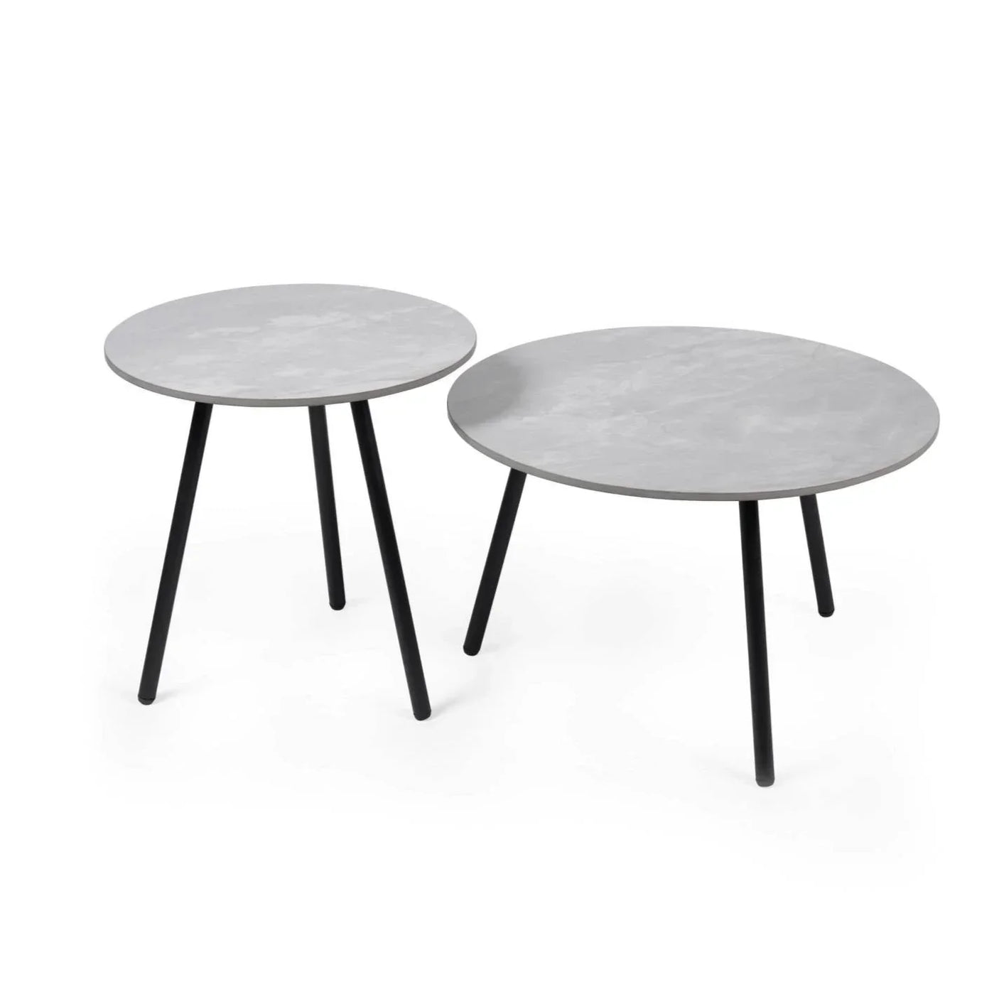 Set of two round grey side tables with black metal legs on white background