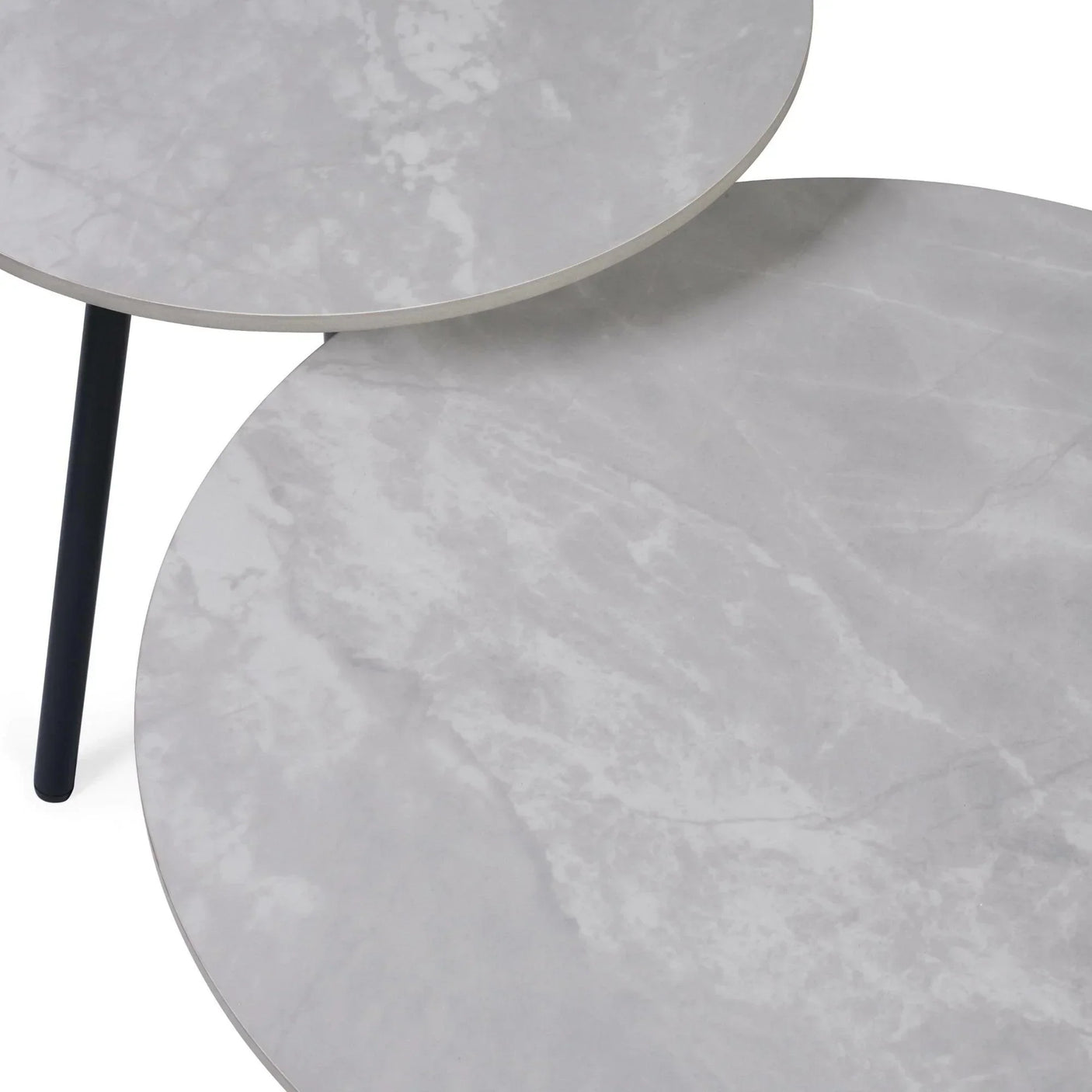 Marble effect round nesting coffee tables with metal legs, close view of tabletops