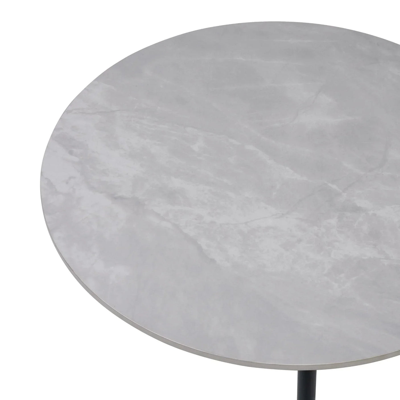 Round marble effect table top with light grey veining and black metal leg, close-up view