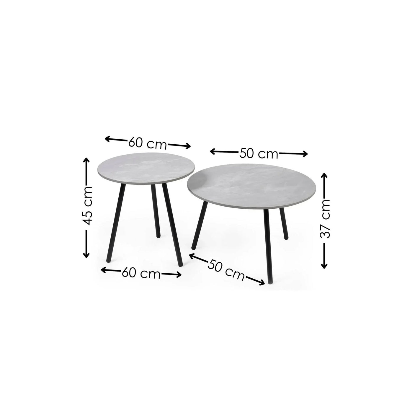 Set of two round grey coffee tables with black legs and size dimensions shown
