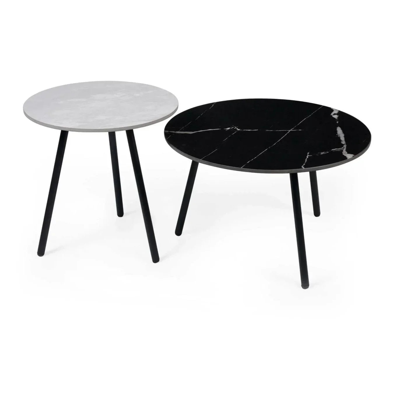 Set of round marble effect coffee tables with black metal legs, one grey, one black