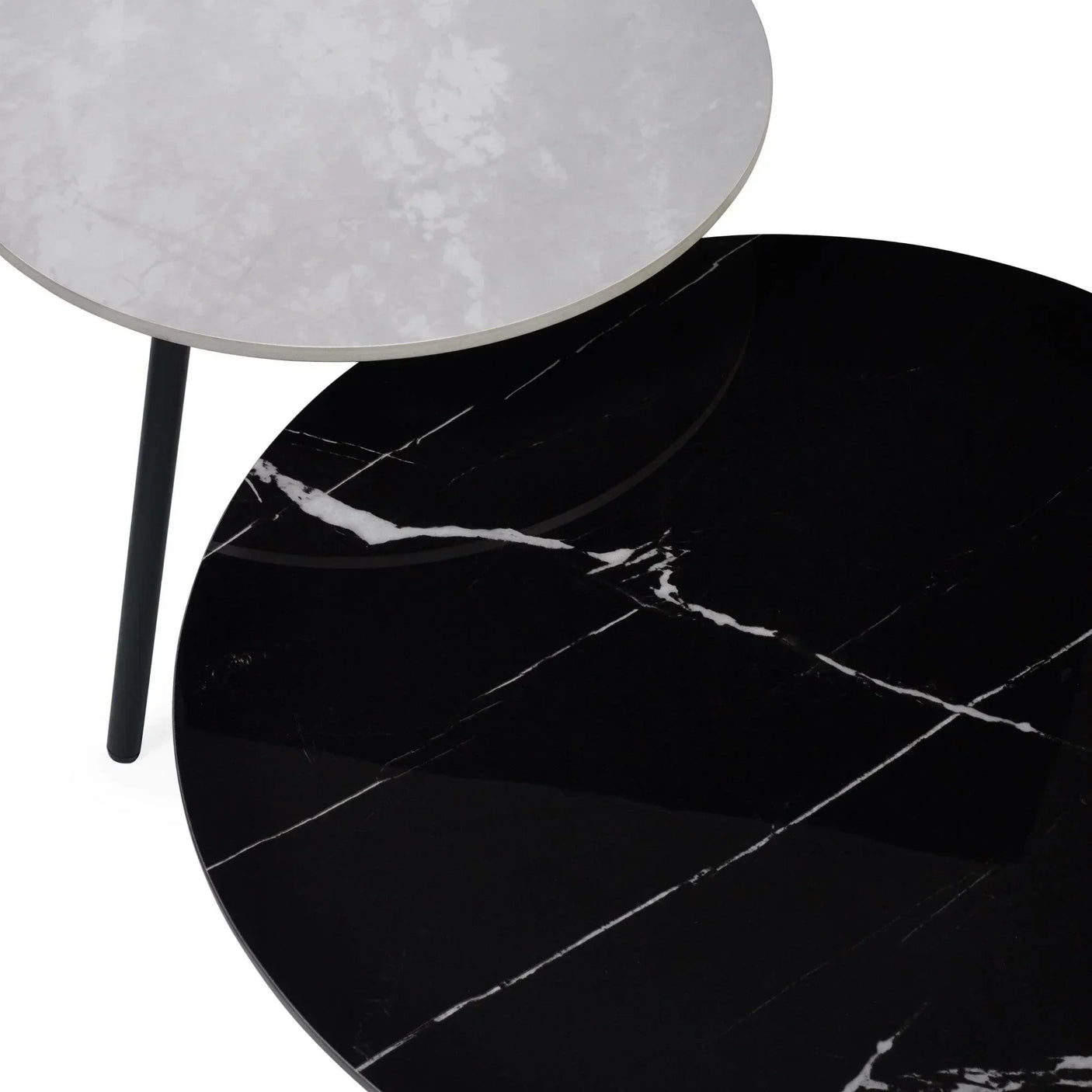 Set of nesting coffee tables with black and white marble effect round tops