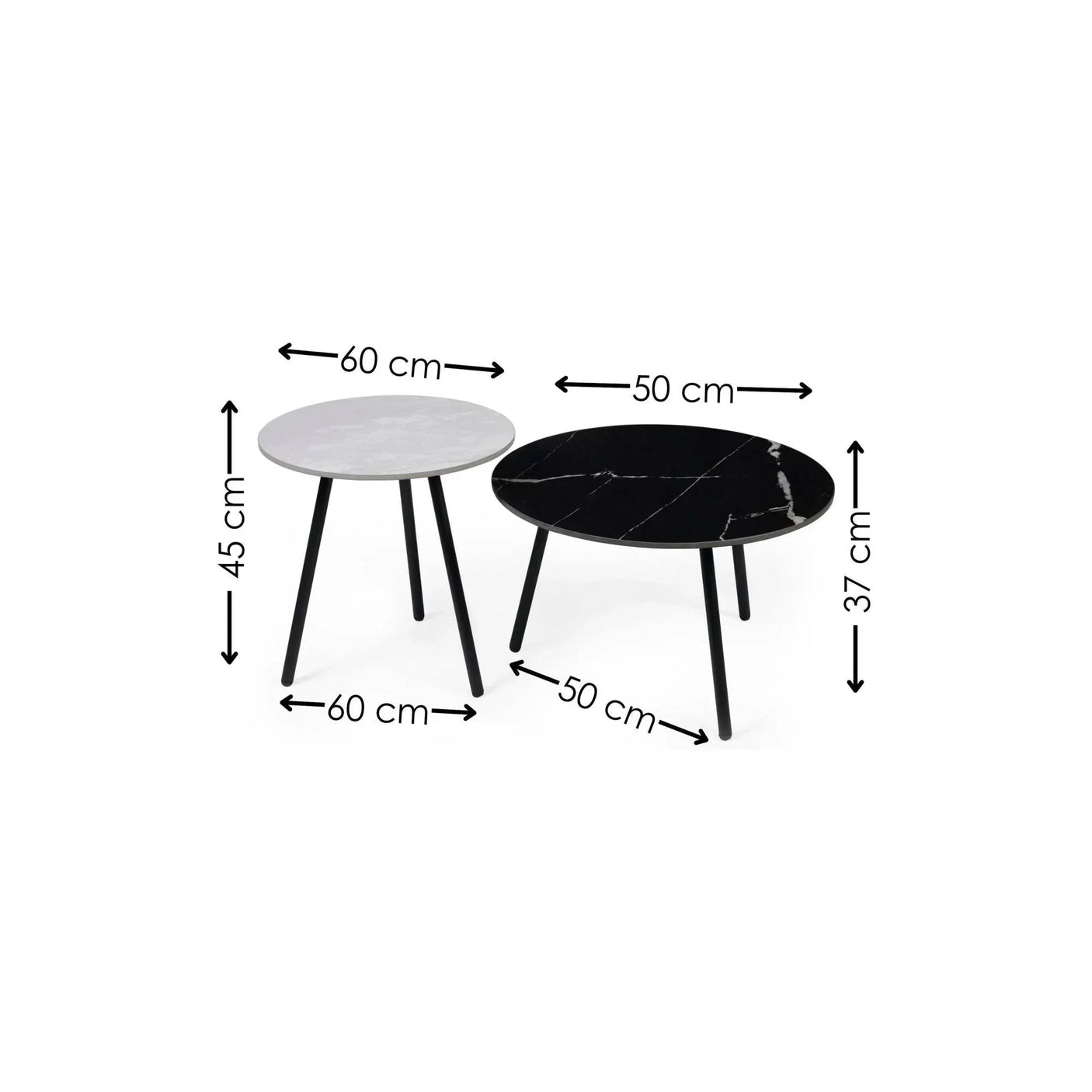 Set of two round coffee tables with black and white marble tops, metal legs, size labels visible