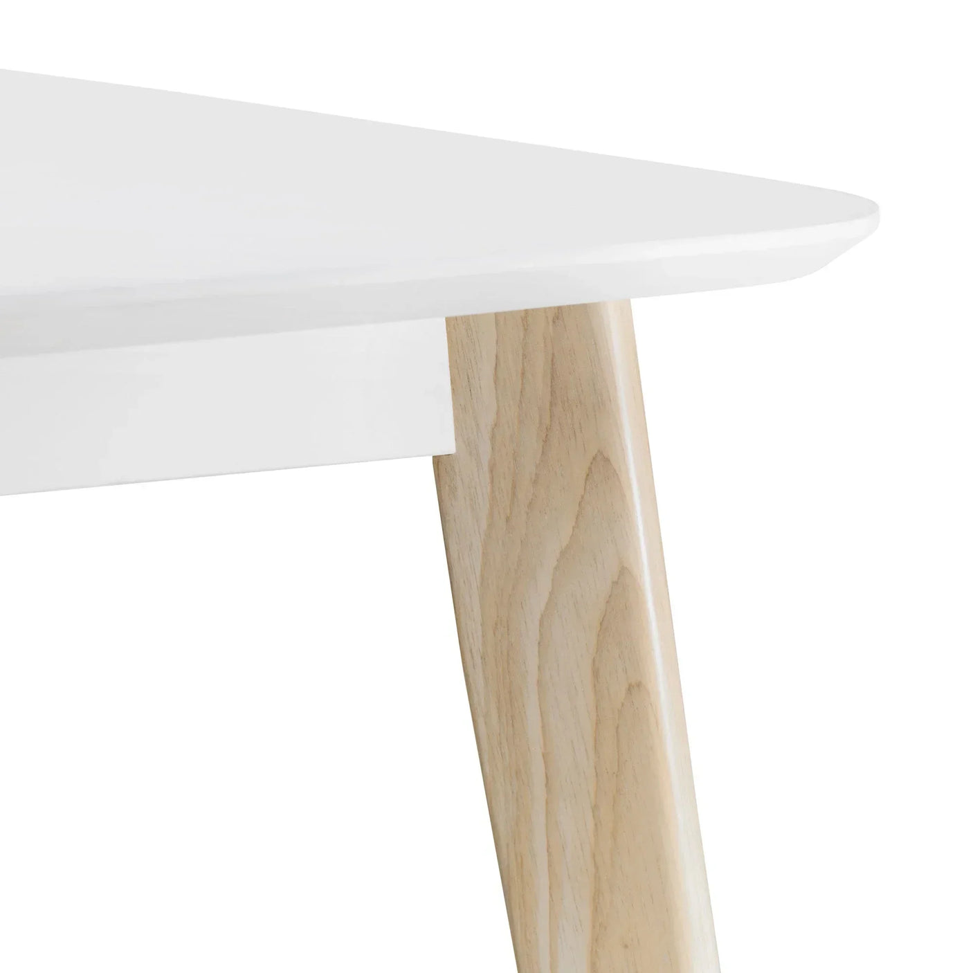 White dining table corner with rounded edge and natural wood leg