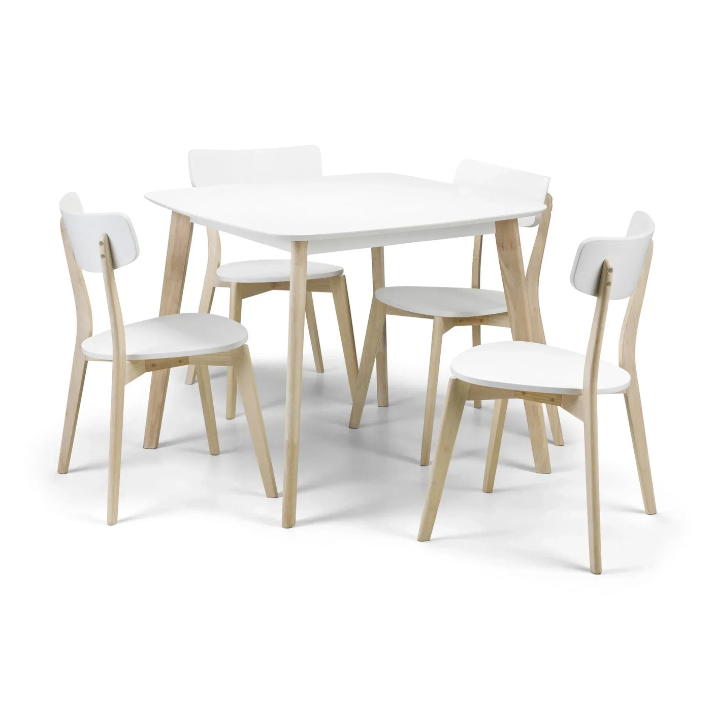 White wood dining table set with four matching chairs and natural finish legs