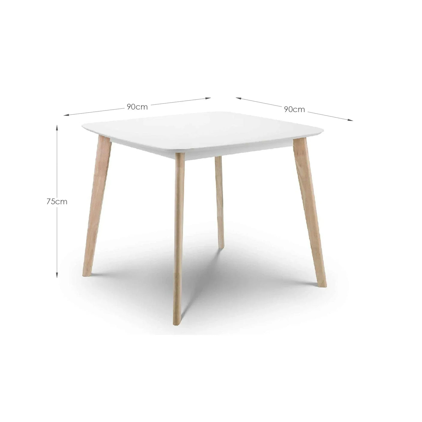 Square dining table with white top and wooden legs, dimensions 90x90x75cm