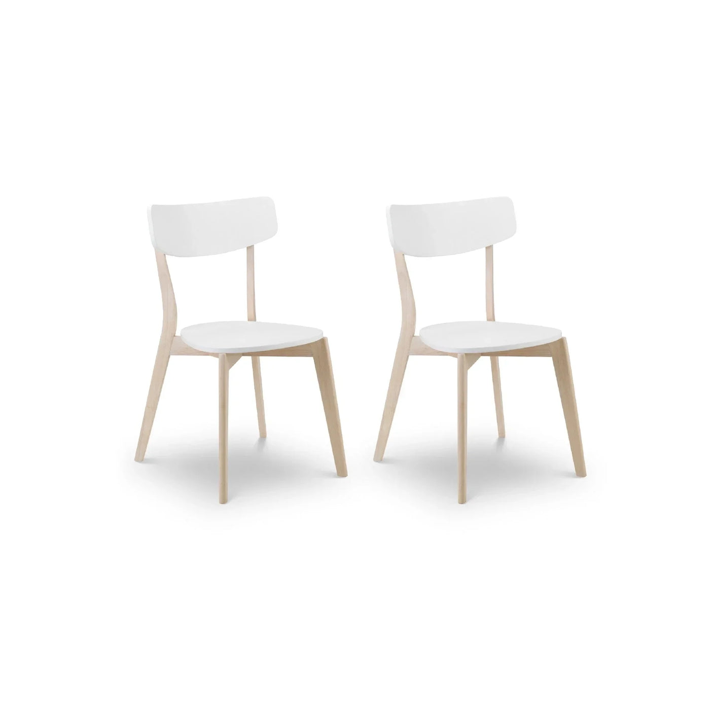 Pair of modern white dining chairs with light wood legs on plain background