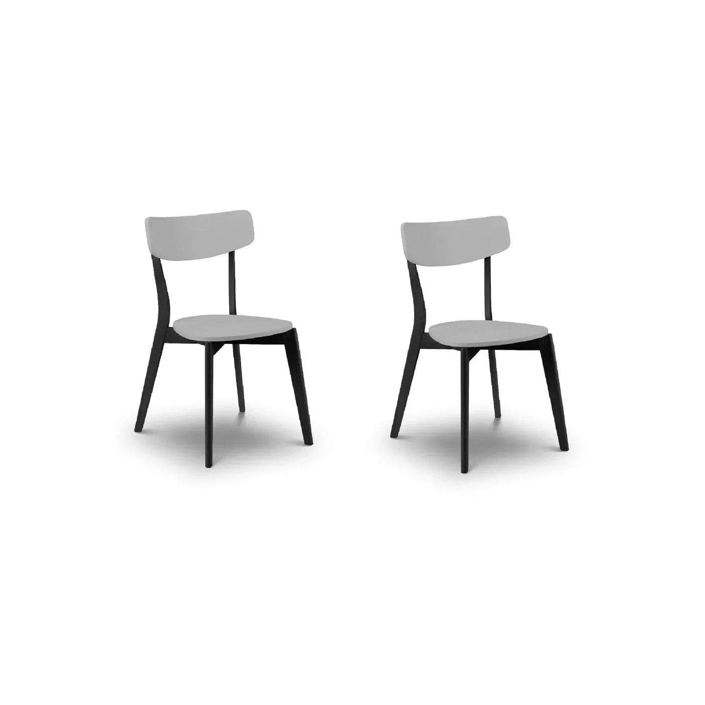 Pair of modern dining chairs with black frames and light grey seats on white background