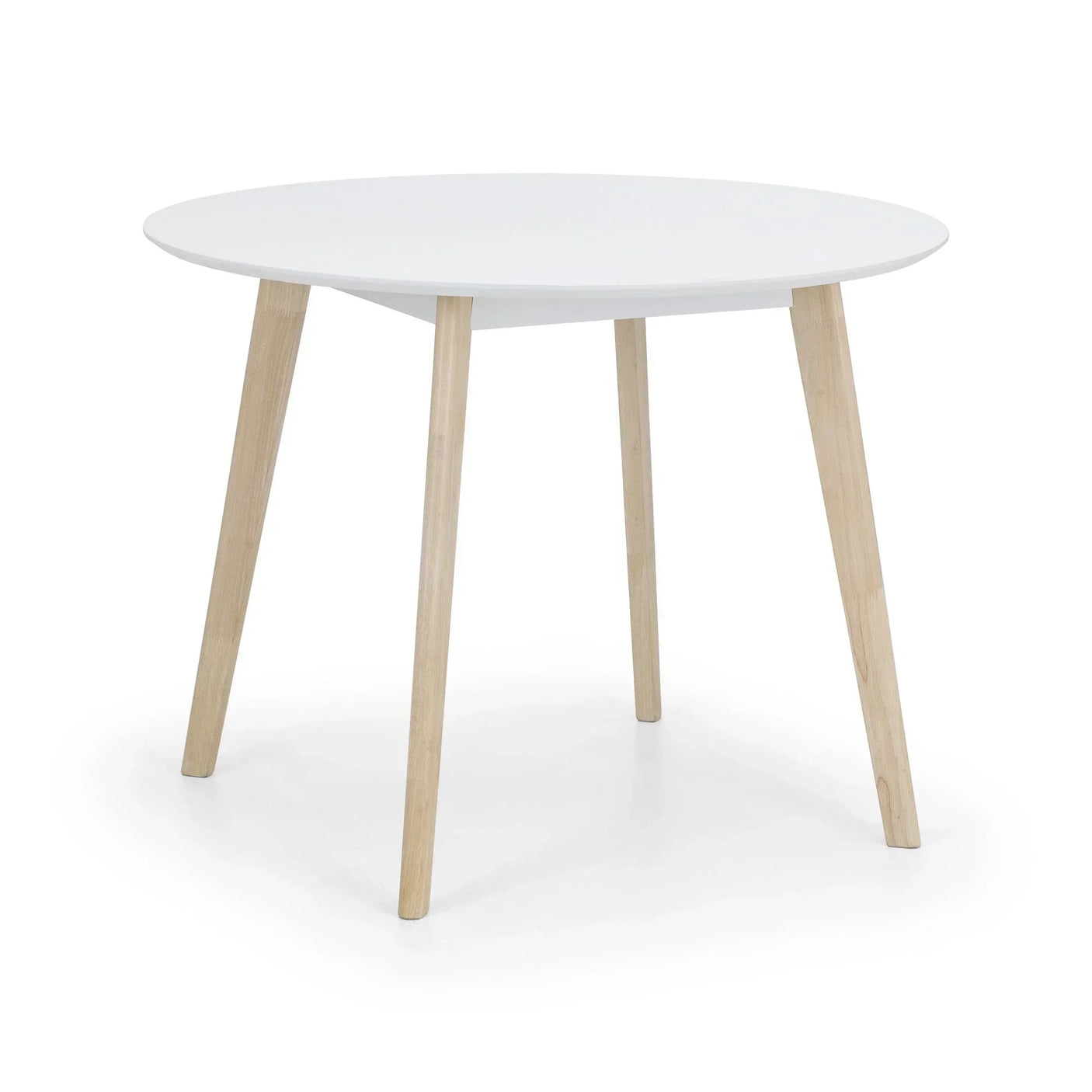 Round white dining table with wooden legs on white background