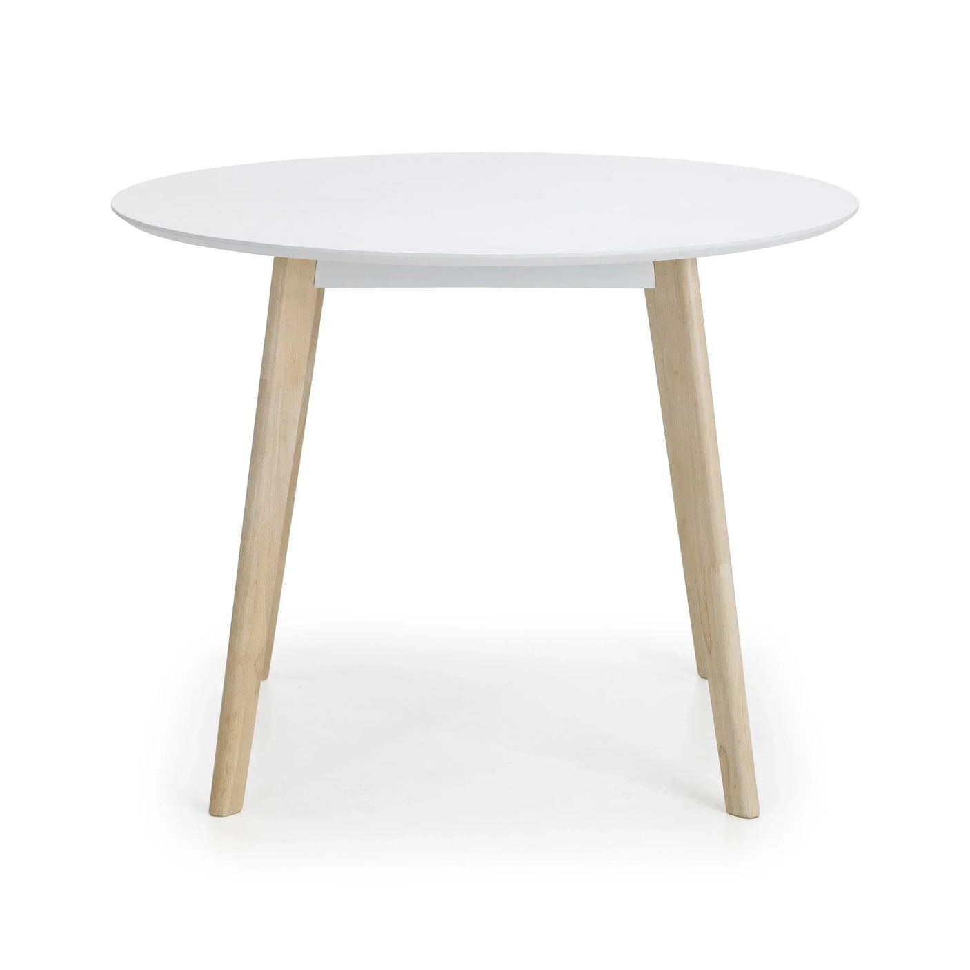 Round white dining table with wooden legs on white background