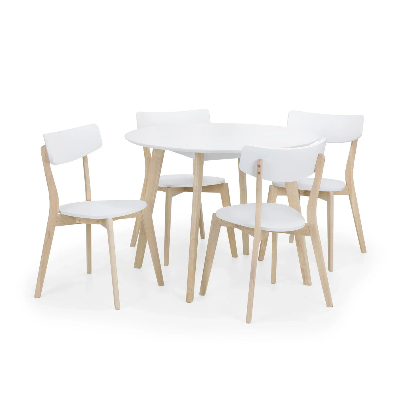 White round dining table with four matching wooden chairs, minimalist design