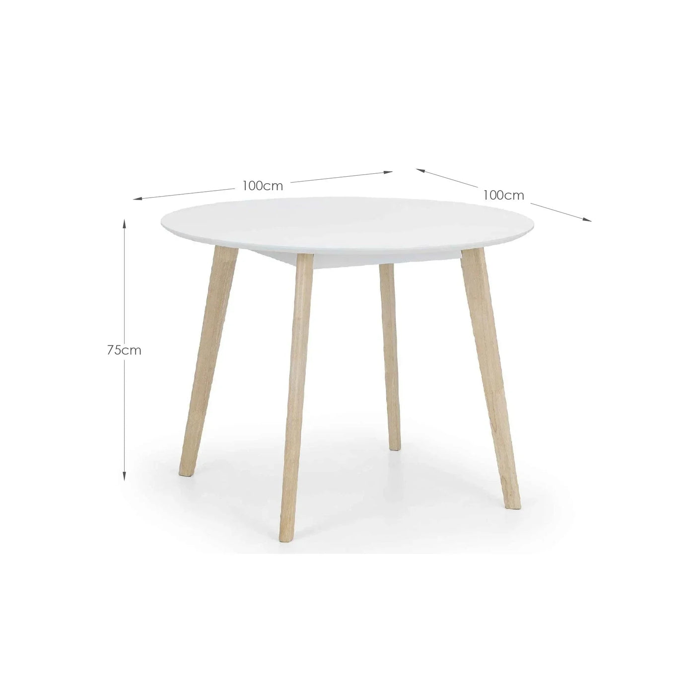 Round white dining table with light wood legs, 100cm wide, 75cm high
