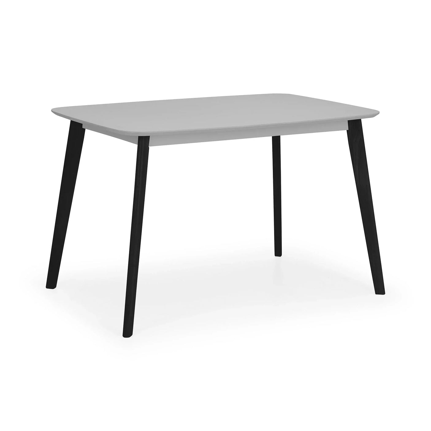 Rectangle dining table with grey top and black angled legs on white background
