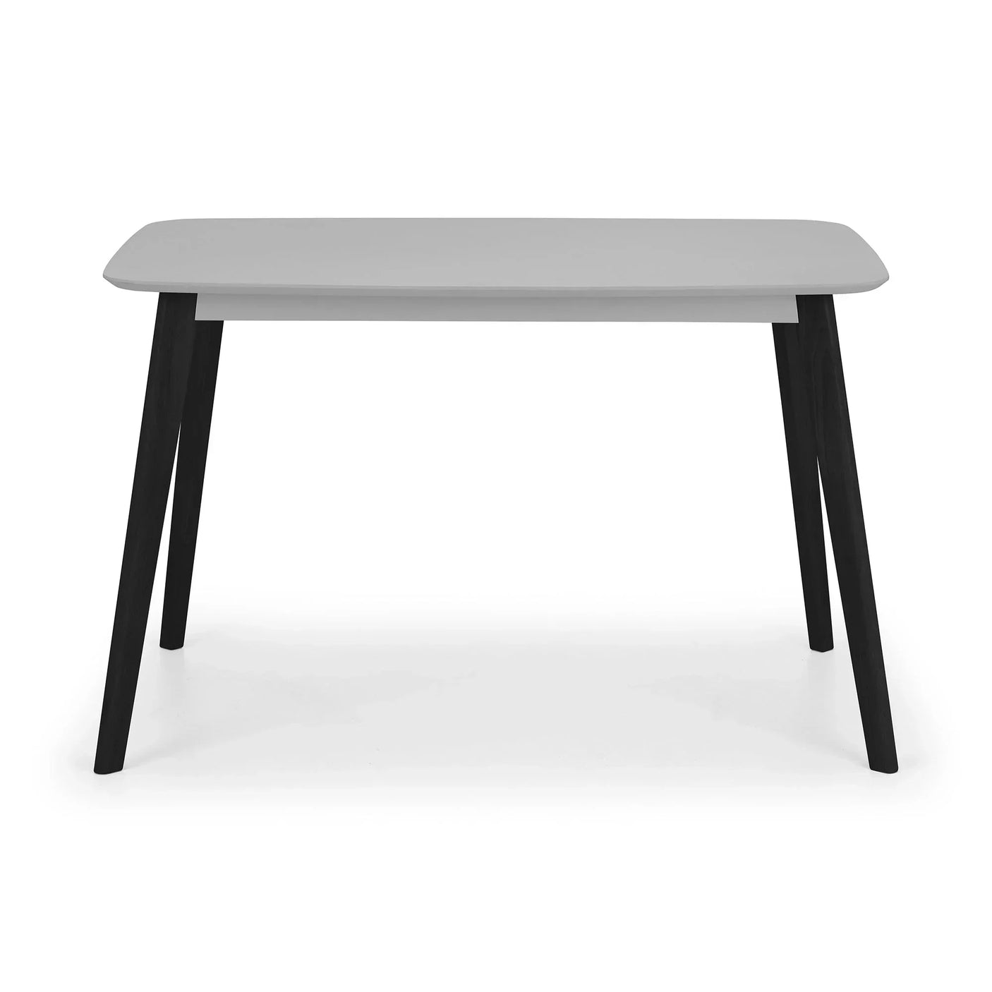 Grey rectangle dining table with black angled legs on white background