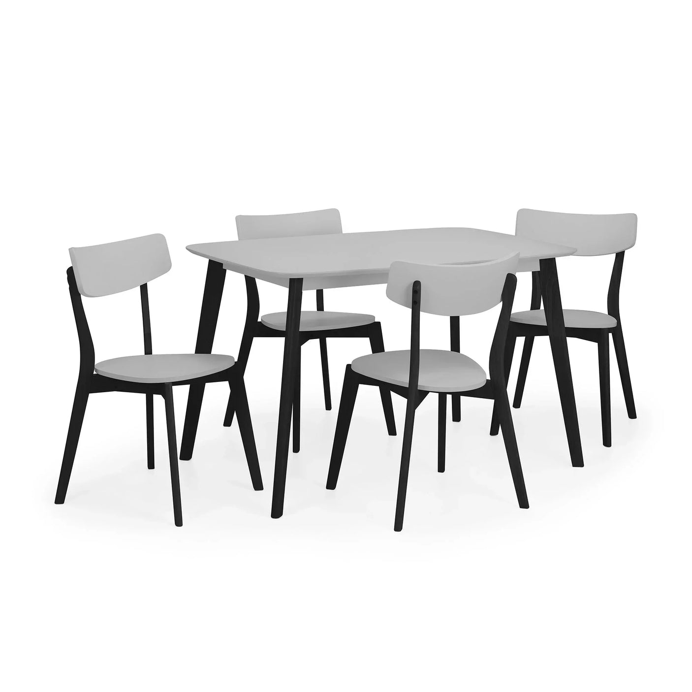 Grey rectangle dining table with matching four chairs and black legs on white background