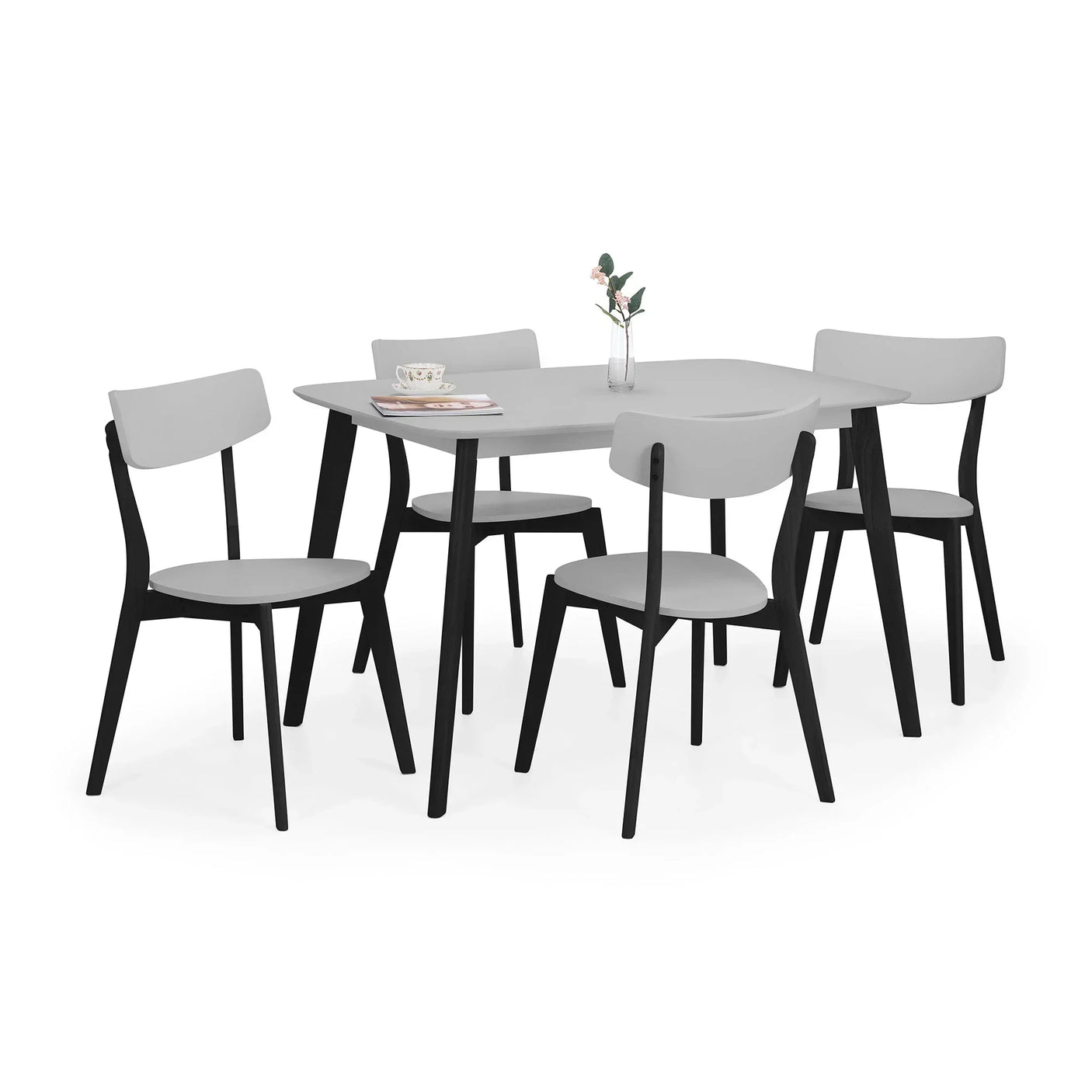 Grey rectangle dining table with black legs and four matching chairs on white background