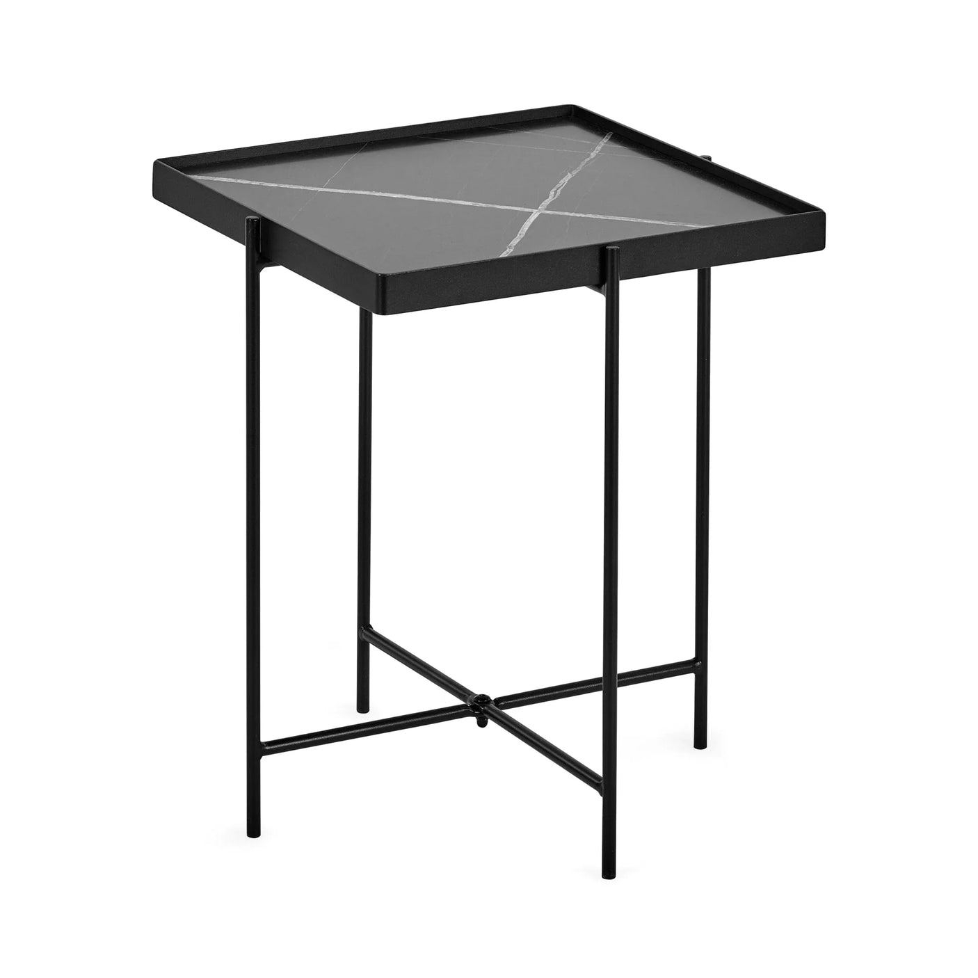 Square black side table with marble effect top and slim metal legs