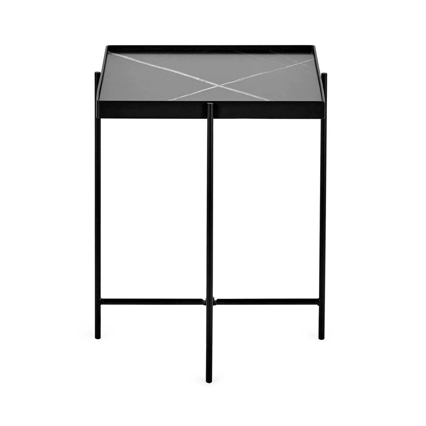 Black metal side table with square faux marble top and slim legs