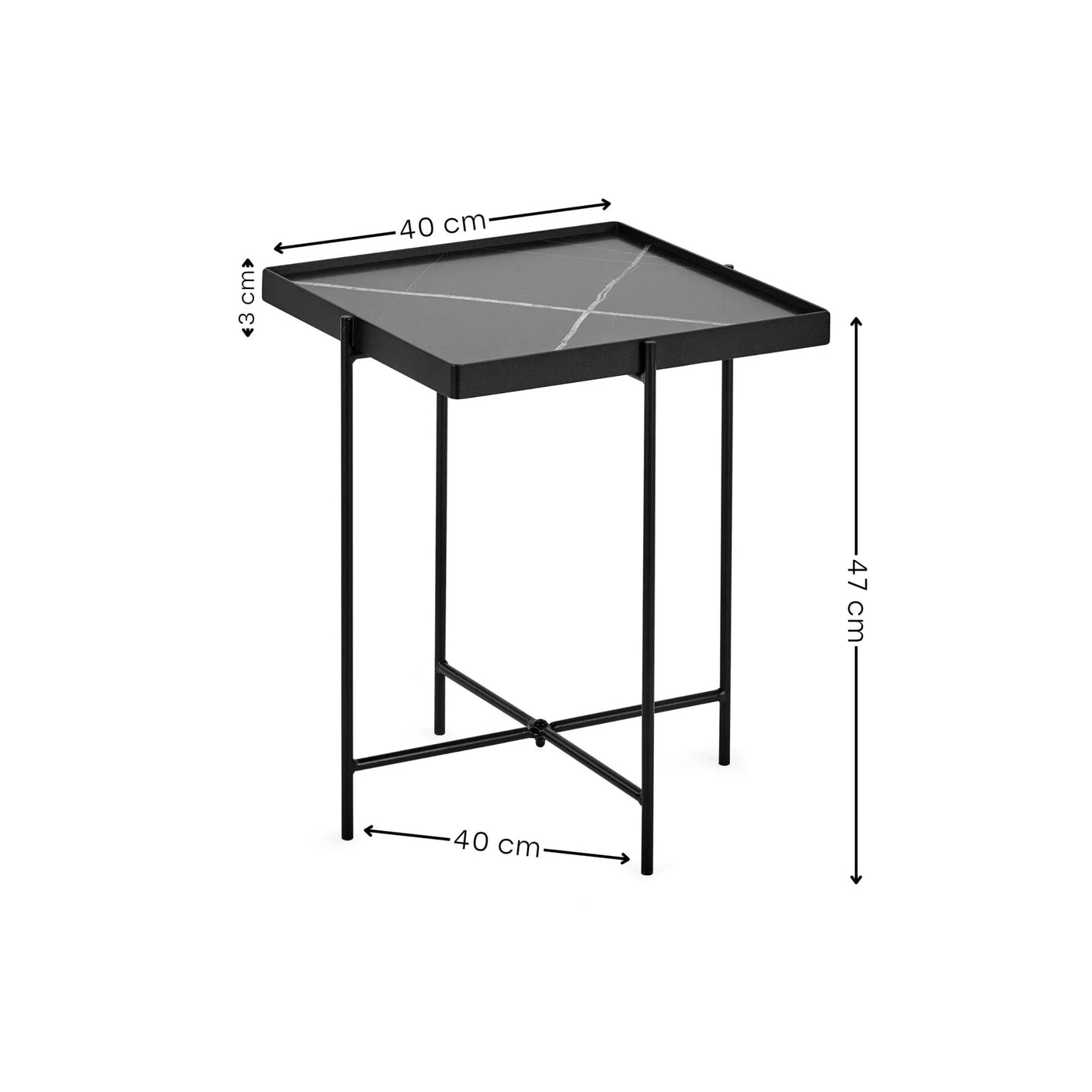 Black metal and marble effect side table with square top and slim legs, dimensions labeled