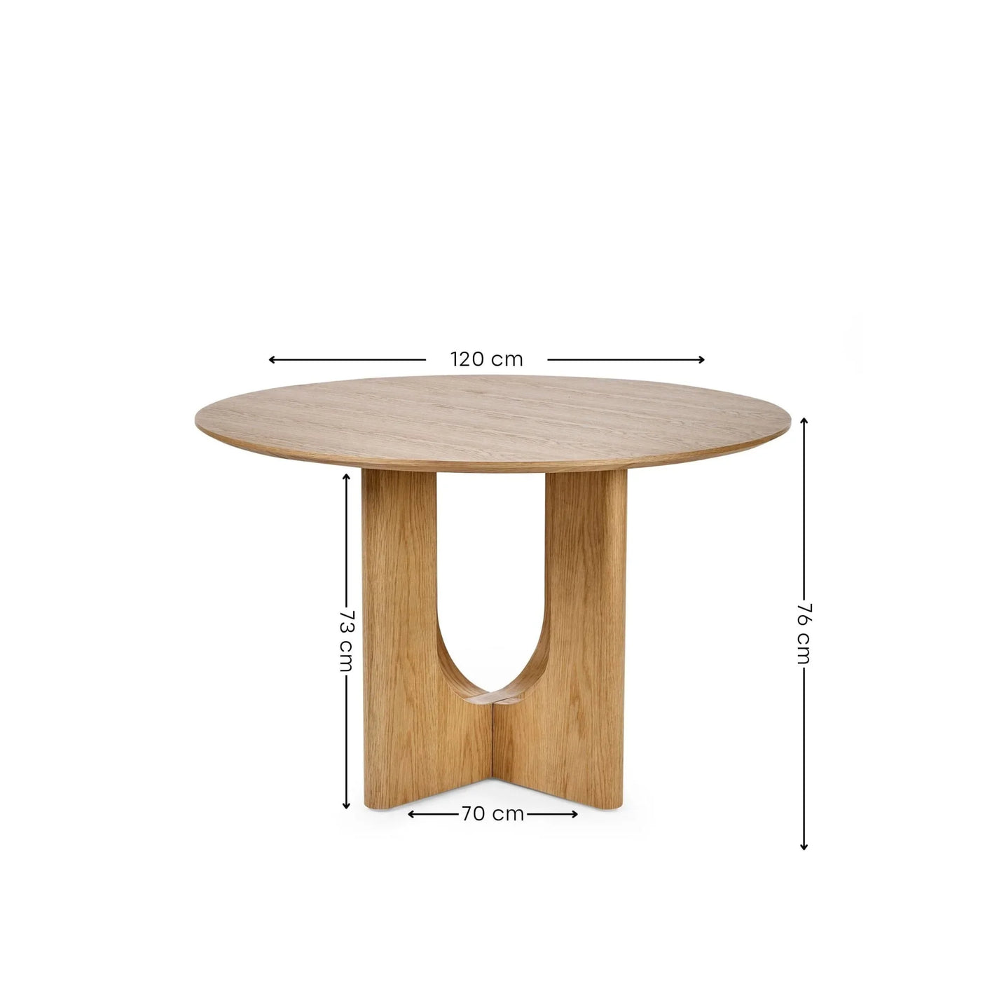 Round oak dining table with modern wood base, shown with dimensions