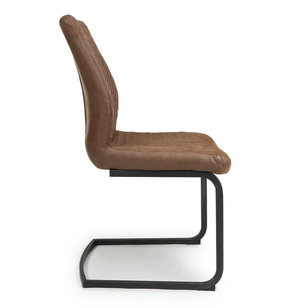 Brown leather dining chair with cantilever black metal frame, side view