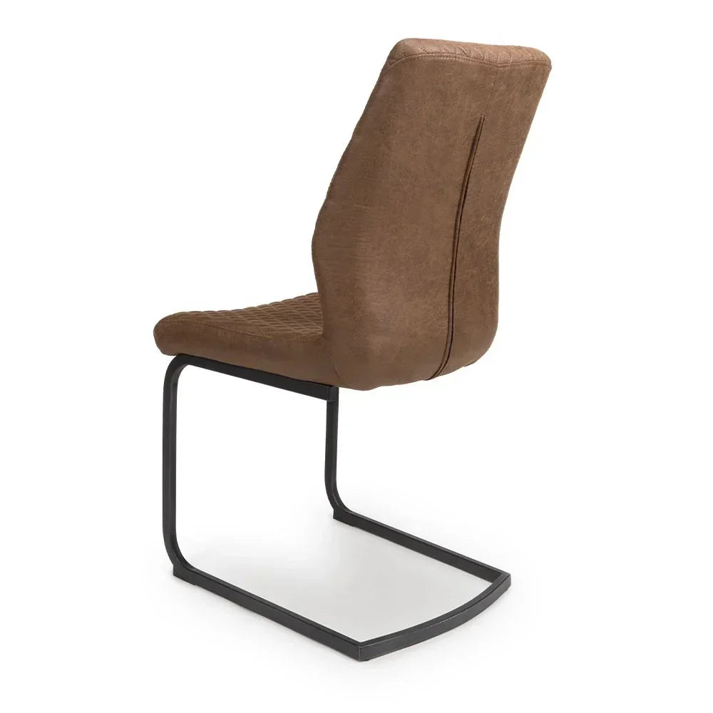 Brown faux leather dining chair with black cantilever base rear angle view