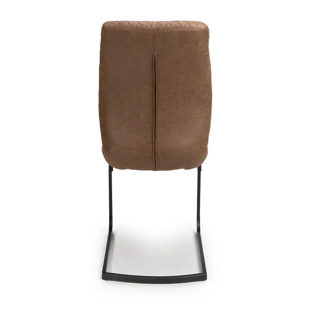 Brown faux leather dining chair rear view with black metal cantilever frame