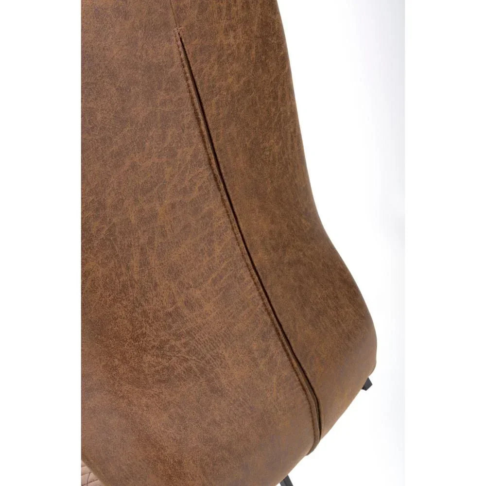 Closeup of brown faux leather dining chair backrest with visible stitching detail