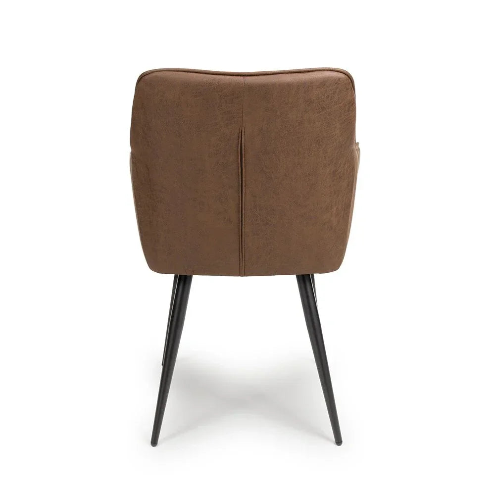 Back view of brown leather dining chair with slim black metal legs